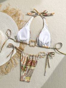 Soleia Women's Vacation Colorful Vintage Print Metal Decor Halter Back Tie Bikini Set - Multicolor - View 2