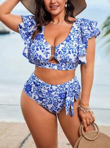 SHEIN Swim Lushore 加大码女式两件套泳衣套装，青花瓷数码印花，适合夏季海滩度假 - 彩色 - 查看 5