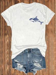 Flirla 大码女式字母印花圆领短袖宽松休闲 T 恤 - 白色 - 查看 3