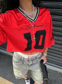 SHEIN EZwear Fashionable Red Satin & Mesh Panel Printed T-Shirt, Suitable For Summer - Red - View 3