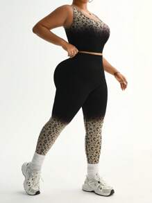 Easithlete Plus Size Seamless Ombre Leopard Print Camisole & Leggings Sports Suit - Multicolor - View 6