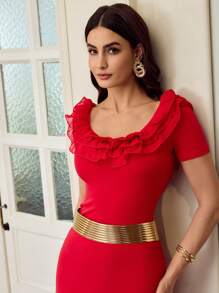 ZEYLAH Camiseta elegante de mujer de unicolor con cuello con volantes en capas y mangas cortas - Rojo - Ver 3