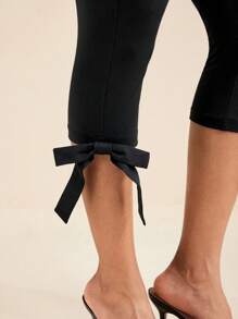 LUNA B Black Solid Color Elastic Waist Bow Carpi Pants Women Summer Vacation Beach Set Yoga Pants