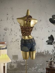 Attitoon Women's Vacation Halter Leopard Print Textured Fitted Camisole, Suitable For Summer - Multicolor - View 2