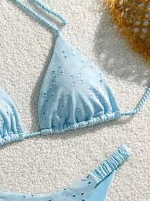 Swim Mod Women's Hollow Embroidered Halter Neck Tied Bikini Set For Summer Beach Vacation - Blue - View 4