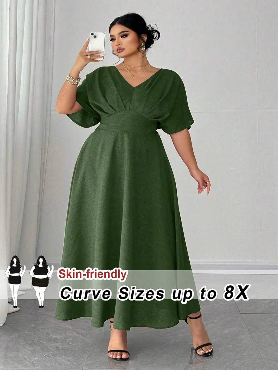 SHEIN CURVE+ CURVE+ 大码生日礼服、派对、优雅、正式女装、晚礼服、红色礼服、褶皱 - 綠色 - 查看 1
