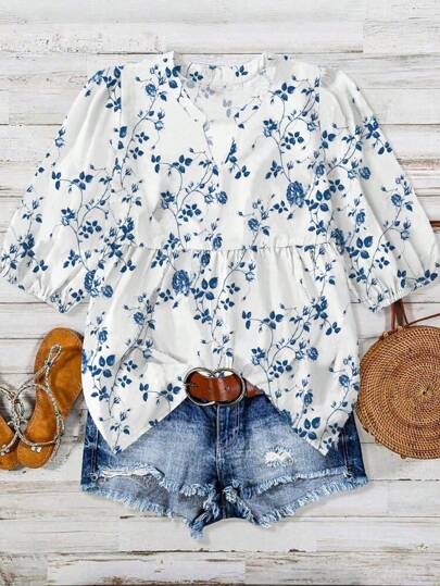 SHEIN LUNE 大码女式甜美碎花短袖衬衫，新款春夏圆领褶皱宽松休闲上衣