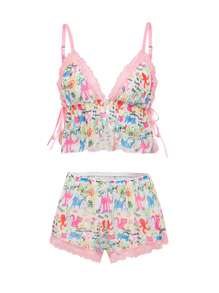 NotGurli 2pcs Girls Playful, Cute Back To School Bralette And Panties Set, With Graffiti, Floral Lace, Bowknot, Ruffle Trim, Sexy Ladies Lingerie Set, Pink, Suitable For Music Festival, Party, Vacation