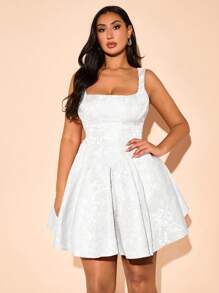 SHEIN BAE Vestido de satén jacquard con cuello cuadrado sexy y elegante para mujer de talla grande, vestido de vuelta al colegio, vestido de fiesta corto, vestido de estilo francés, vestido de noche, vestido de cumpleaños, vestido de dama de honor, vestido elegante y sencillo para uso diario, vestido de invitada de boda, mini vestido de cóctel, atuendos de verano para mujer - Blanco - Ver 6