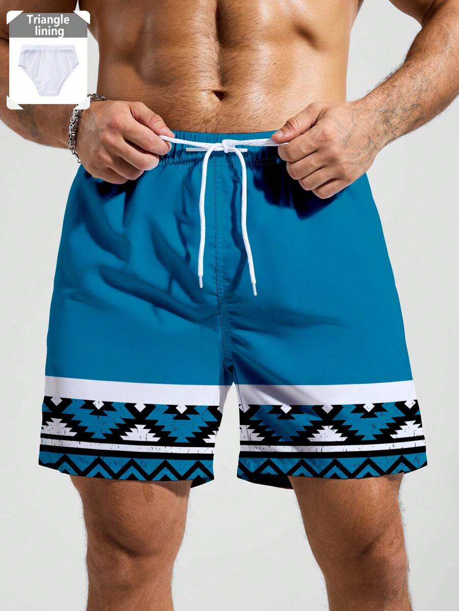 Manfinity Men's Geometric Print Drawstring Waist Pockets Casual Beach Shorts - Blue - View 1
