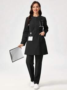 TaskEZ Solid Color Button Front Long Sleeve Pocket Top And Pants Scrub Scrub Uniform Set - Black - View 5