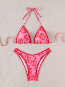 Swim Mod Springbreak 女士夏季沙滩花卉印花露背系带性感比基尼两件套泳衣套装 - 彩色 - 查看 3