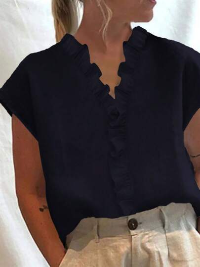 Pariaura Women's Solid Color Frill Edge Cap Sleeve Casual Loose Blouse