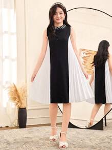 Vestido holgado de punto de cuello redondo elegante con parches plisados para adolescentes