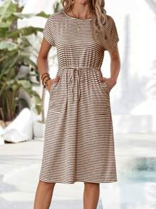 EMERY ROSE Women's Casual Striped Drawstring Waist Mid-Length Dress, Vacation Wear - Brown - View 3