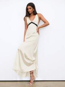 Aloruh Women's Elegant Apricot Maxi Dress With V-Neck And Sleeveless Design, Flared Hem, Semi-Sheer Woven Fabric