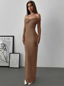 Aloruh Váy xòe trễ vai xoắn xếp nếp có chi tiết lưới, váy dự tiệc tối lãng mạn - màu nâu - Xem 6