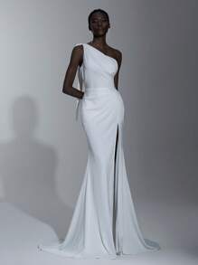 Elitara 女士优雅白色露背婚纱，带不对称荷叶边下摆，新娘 - 白色 - 查看 1