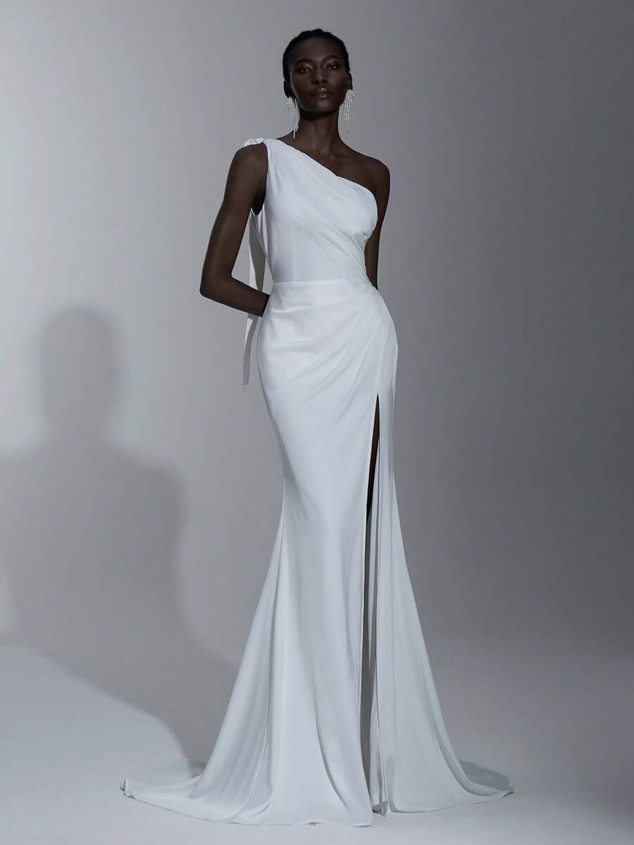 Elitara 女士优雅白色露背婚纱，带不对称荷叶边下摆，新娘 - 白色 - 查看 1