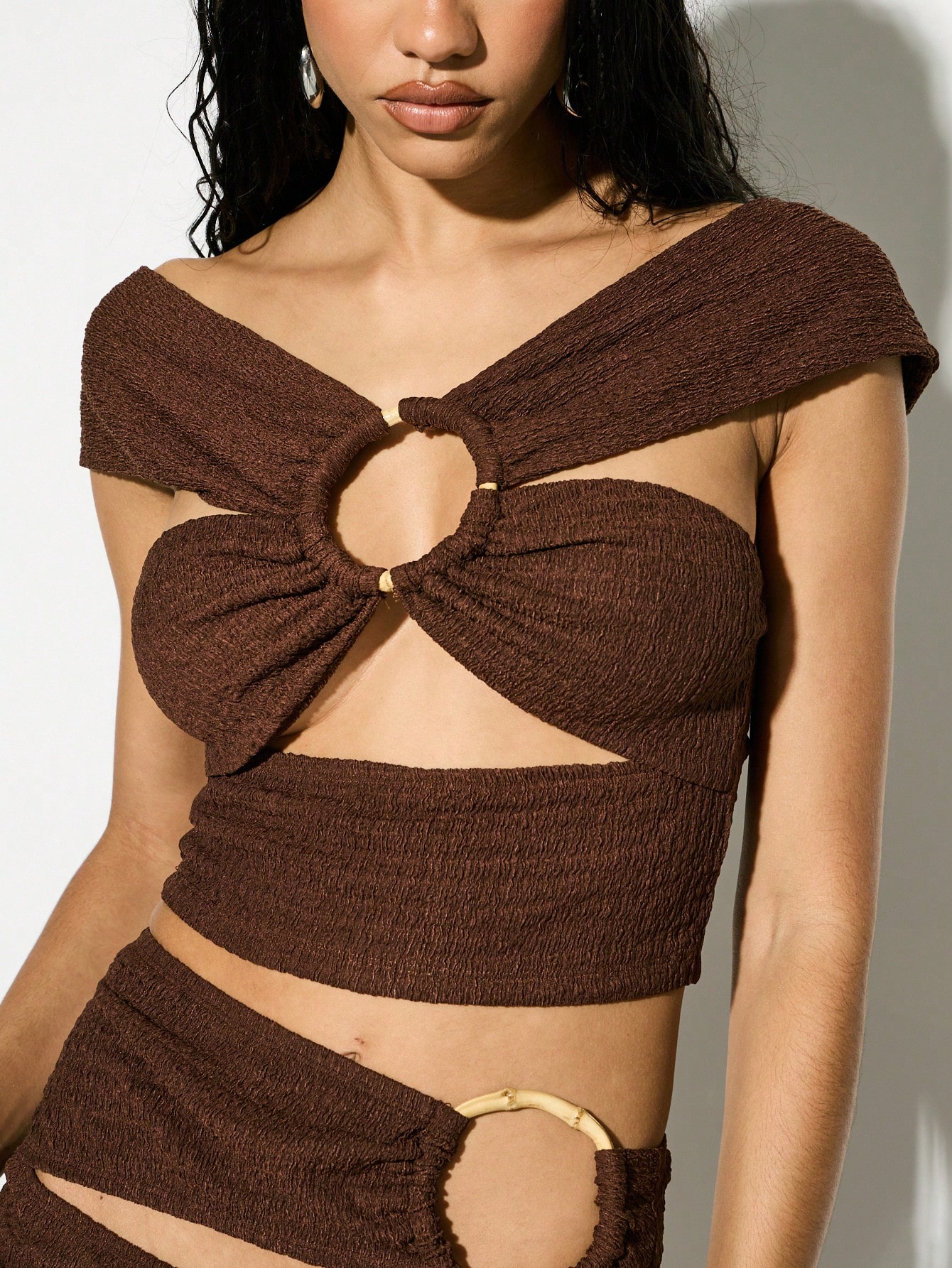 KIZN Brown Ring Detail Cut Out Halter Style Crop Top