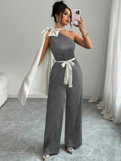 Elenzga 夏季优雅撞色拼布蝴蝶结装饰连体裤