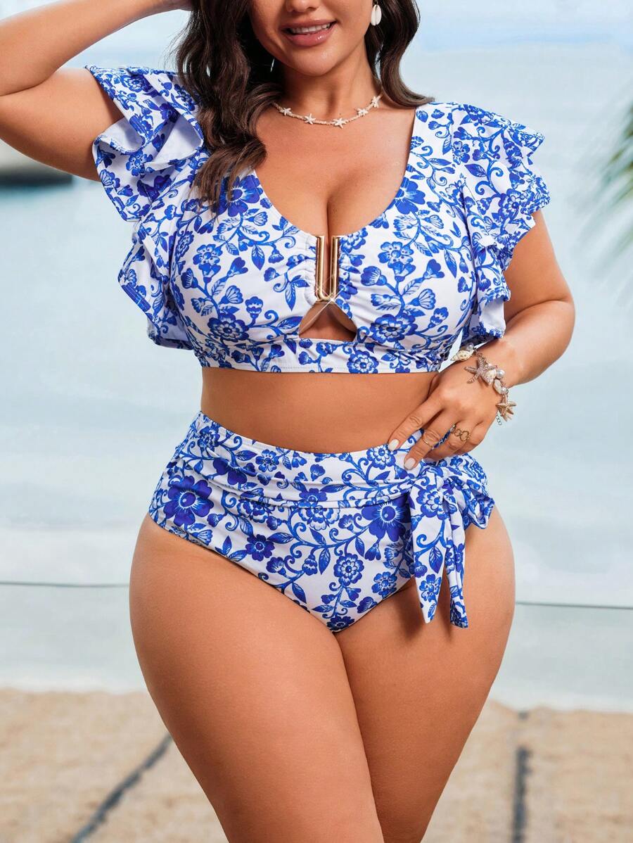 SHEIN Swim Lushore 加大码女式两件套泳衣套装，青花瓷数码印花，适合夏季海滩度假