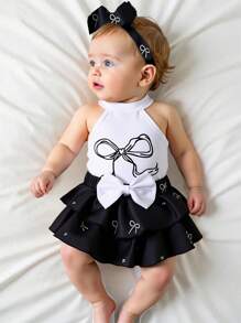 Souflis Souflis Baby Girl Bow Print Halter Top And Multi-Ruffle Edge Skort Fashion Set - Black - View 1