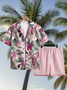 Manfinity Swimmode Plus Size Men's Summer Holiday Tropical Print Short Sleeve Shirt And Shorts Beach Set, Hawaiian - Pink - View 1