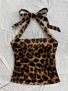 Attitoon Women's Vacation Halter Leopard Print Textured Fitted Camisole, Suitable For Summer - Multicolor - View 5