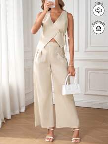 SHEIN Clasi Conjunto de 2 piezas de chaleco con amarre en la cintura y pantalones de pierna ancha con pliegues de cintura alta en unicolor de lino - Conjunto de traje elegante simple para el trabajo, primavera/verano