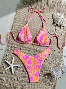 Swim Mod Summer 2 Pieces Vacation Spaghetti Strap Random Print And High Cut Bikini Swimwear Set - Multicolor - View 2