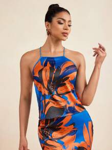 Armand Blue Summer Vacation Women Floral Flower Printed Satin Cross Spaghetti Straps Top - Blue - View 4