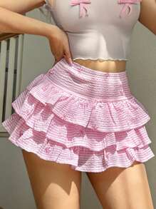 Sweetina Falda A-line casual de mujer con estampado de rayas, lazo, flores y volantes en el bajo, para verano, Pascua, Ibiza, aeropuerto - Rosa - Ver 2