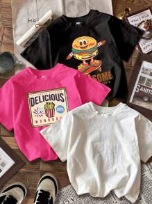 SHEIN 3pcs/Set Casual Minimalist Cartoon Pattern T-Shirts For Young Girls, Suitable For Summer