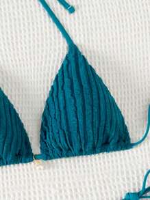 Swim Vcay Springbreak Solid Color Textured Halter Bikini Set, Beachwear Summer Outfits - Blue - View 3