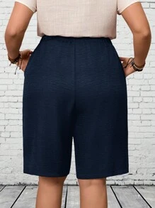 EMERY ROSE Plus Size Summer Casual Solid Color Oblique Pocket Drawstring Waist Shorts - Navy Blue - View 3