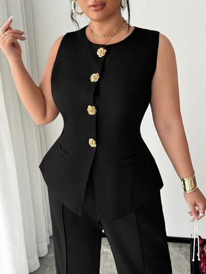 SHEIN SXY بدلة نسائية كبيرة الحجم من قطعتين (سترة وبنطلون) للربيع والصيف، أنيقة وأنثوية، مزينة بزخارف معدنية ذهبية ثلاثية الأبعاد على شكل زهور، بدون أكمام، مناسبة للارتداء اليومي، العمل، الذهاب للجامعة، المناسبات الرسمية والكاجوال، التسوق، الخروج، سهلة التنسيق، تبرز الجسم وتجعله أنحف، مناسبة للسيدات في الأعمال، التخرج، العودة للمدرسة، وملابس المعلمات في فصل الخريف/الشتاء