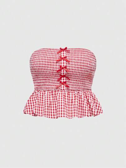 Kawaii Blusa sin tirantes de talla grande con volantes y lazo a cuadros, ropa de vacaciones para mujeres