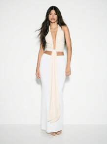 KIZN Halter Neck Plunge Top Draped Panel Design Crop Length Club Party Formal Evening Summer Sleeveless Wrap Style