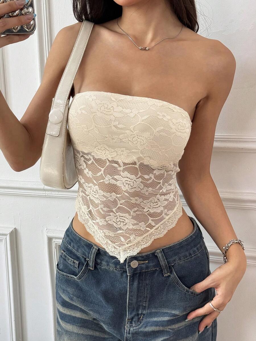 SHEIN EZwear 女士夏季不对称下摆蕾丝杏色抹胸紧身衣 - 杏色 - 查看 1