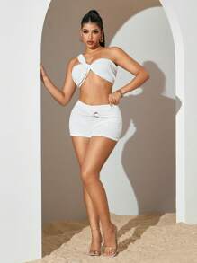 Sirith Summer Elastic Waist Solid Textured Shorts With Metal Decoration - White - View 4