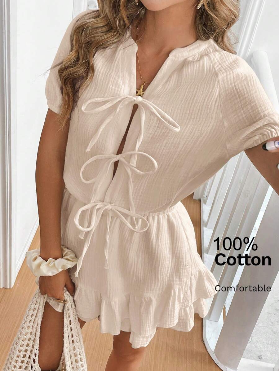 SHEIN Frenchy 女士纯色前系带插肩袖休闲连身裤 - 杏色 - 查看 1