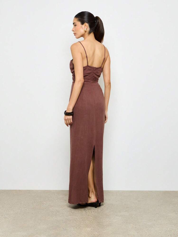 AiiRZ Plunge Neck Column Maxi Dress With Beaded Trim Detail Resort Evening Party Summer Occasion Floor Length Ruched Formal Wedding Guest