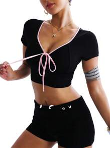 Easithlete Women's Front Tie Short Sleeve Ruched Crop Sports T-Shirt - Black - View 3