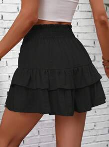 SHEIN Tall High Waist Frill Trim Double Layer Shorts Skirt, Vacation Casual - Black - View 2