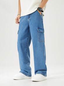 SHEIN Quần jeans ống rộng, thoải mái, cạp chun, thích hợp mặc ngoài trời cho bé trai tuổi teen, đa năng & thoải mái, phong cách thoải mái, phù hợp để mặc hàng ngày, đi nghỉ, du lịch, tụ tập và sinh hoạt tại trường, hàng mới về cho mùa thu 2025 & xuân 2026 - Rửa tối - Xem 3