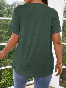 EMERY ROSE Große Größen einfarbiges T-Shirt mit halber Knopfleiste und Manschetten-Ärmeln, Henley Shirt, rosa T-Shirt, rosa T-Shirt, rosa Oberteil für Frauen