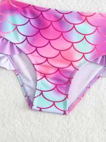 Young Girl Fish Scale Print Tankini Swimsuit Set With Hair Bow - Multicolor - View 5