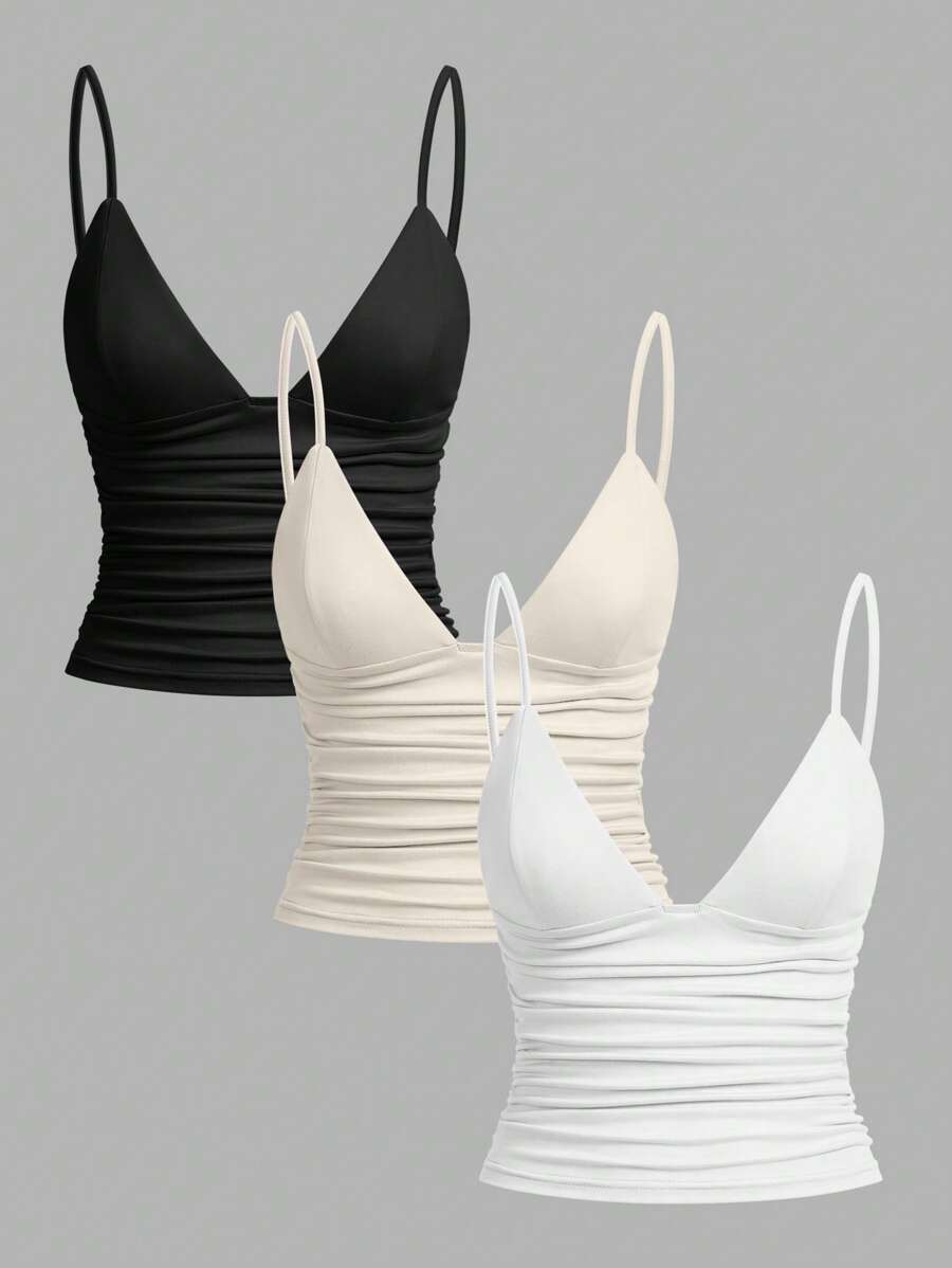 SHEIN EZwear 3pcs Women Summer Casual Ruched Tight Cami Tank Top With Shelf Spaghetti Strap Bra - Multicolor - View 1