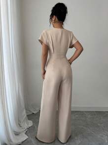 Rafferiza Women's Deep V-Neck Ruched Elegant Wide Leg Solid Color Jumpsuit - Apricot - View 5